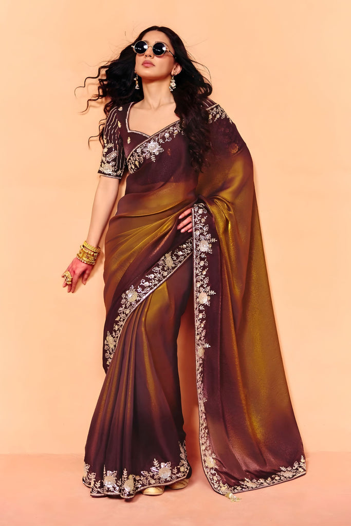 Chocolate Brown Designer Embroidered Silk Saree Zari Border Blouse Piece