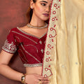 Cream Embroidered Silk Saree with Maroon Blouse Festive Occasions