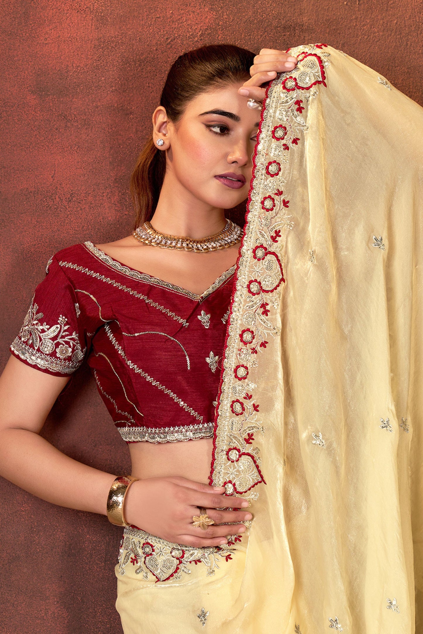 Cream Embroidered Silk Saree with Maroon Blouse Festive Occasions