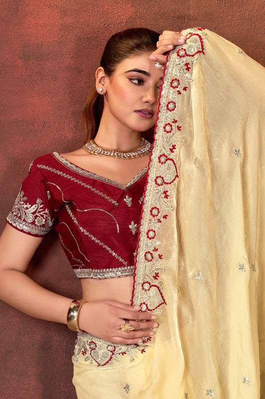 Cream Embroidered Silk Saree with Maroon Blouse Festive Occasions