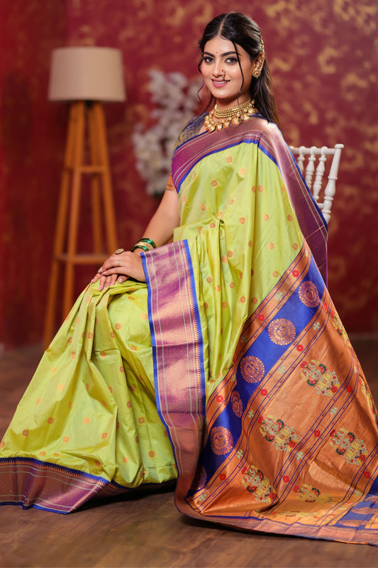 Parrot Green Kanjivaram Silk Saree Gold Zari Border Butti Work