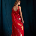 Red Satin Silk Saree with Gold Zari Border Designer Party Wear