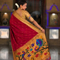 Red Cotton Silk Saree Golden Border Peacock Floral Designer Pallu