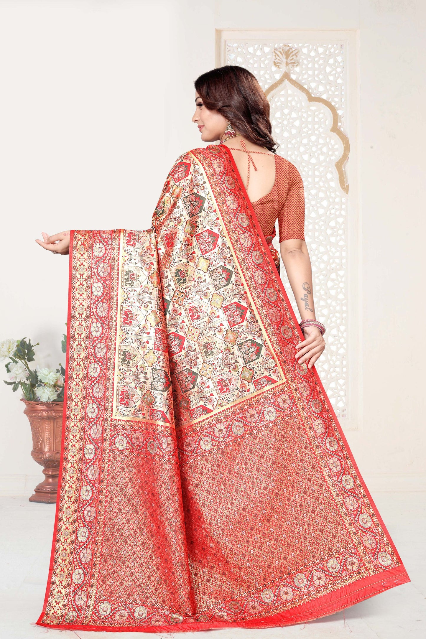 Red and Beige Banarasi Silk Saree with Rich Zari Woven Design