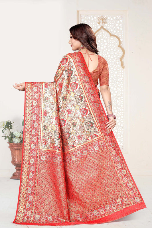 Red and Beige Banarasi Silk Saree with Rich Zari Woven Design