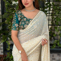 Off White Georgette Saree Golden Butti Designer Teal Green Floral Embroidered Blouse