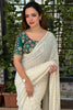 Off White Georgette Saree Golden Butti Designer Teal Green Floral Embroidered Blouse