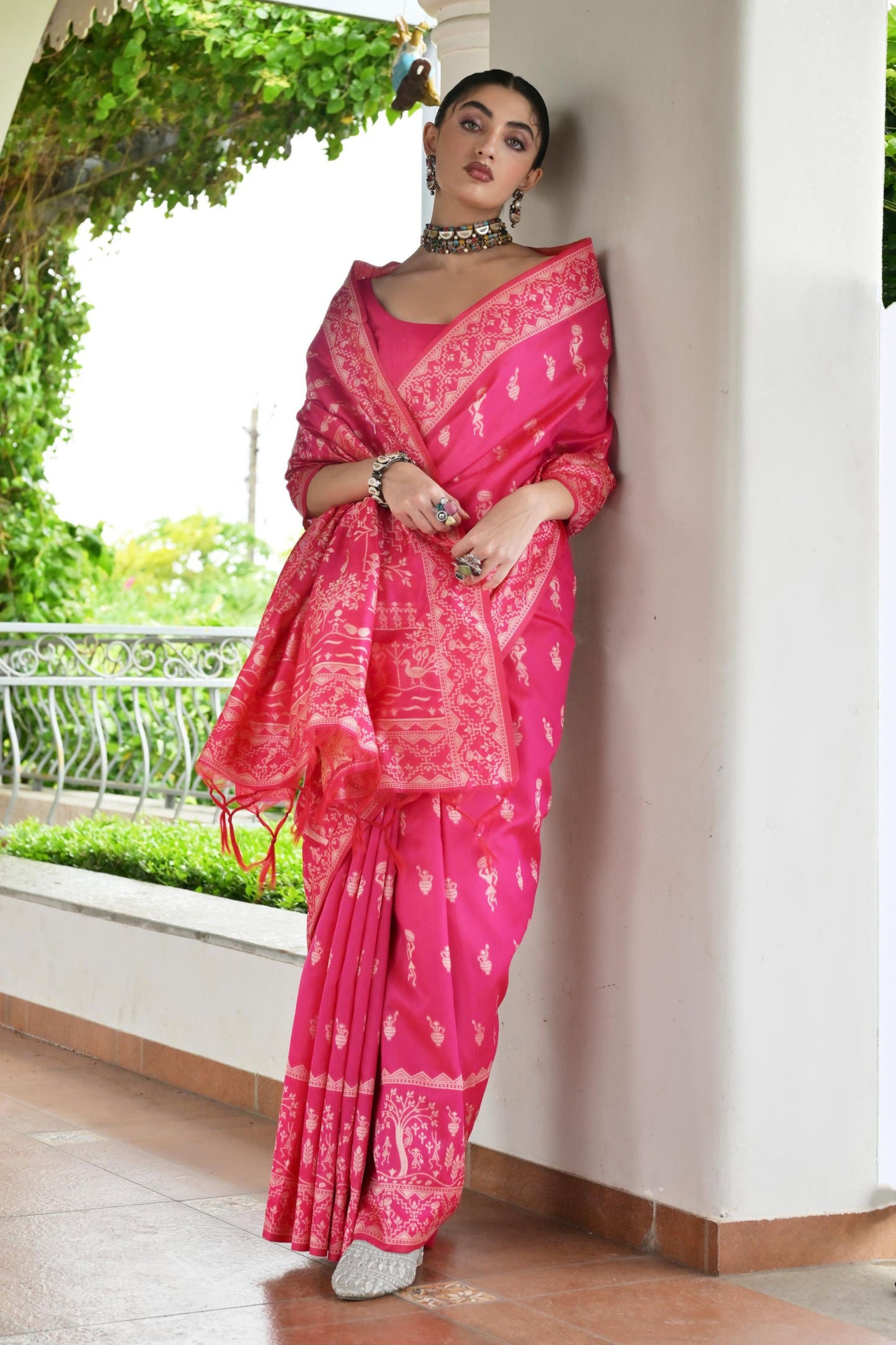 Rani Pink Cotton Silk Saree with Traditional Woven Border