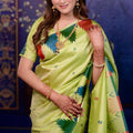 Pistachio Green Soft Silk Saree Multicolor Temple Border Rich Zari Pallu