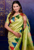 Pistachio Green Soft Silk Saree Multicolor Temple Border Rich Zari Pallu