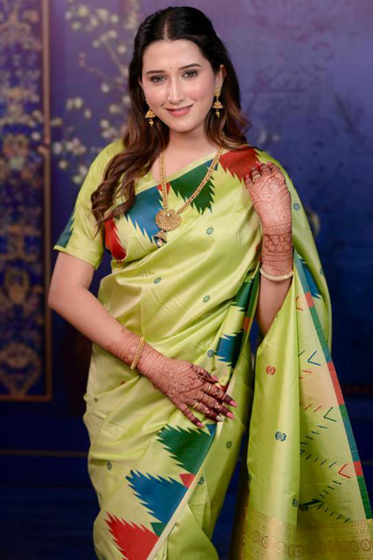 Pistachio Green Soft Silk Saree Multicolor Temple Border Rich Zari Pallu