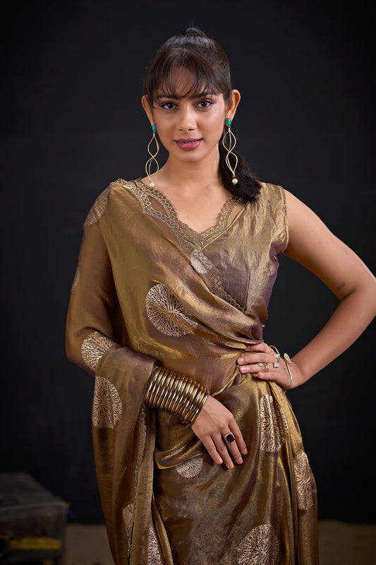 Coffee Brown Tissue Silk Saree with Gold Zari Polka Butti Work