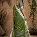 Olive Green Linen Saree with Silver Zari Border Lightweight Saree
