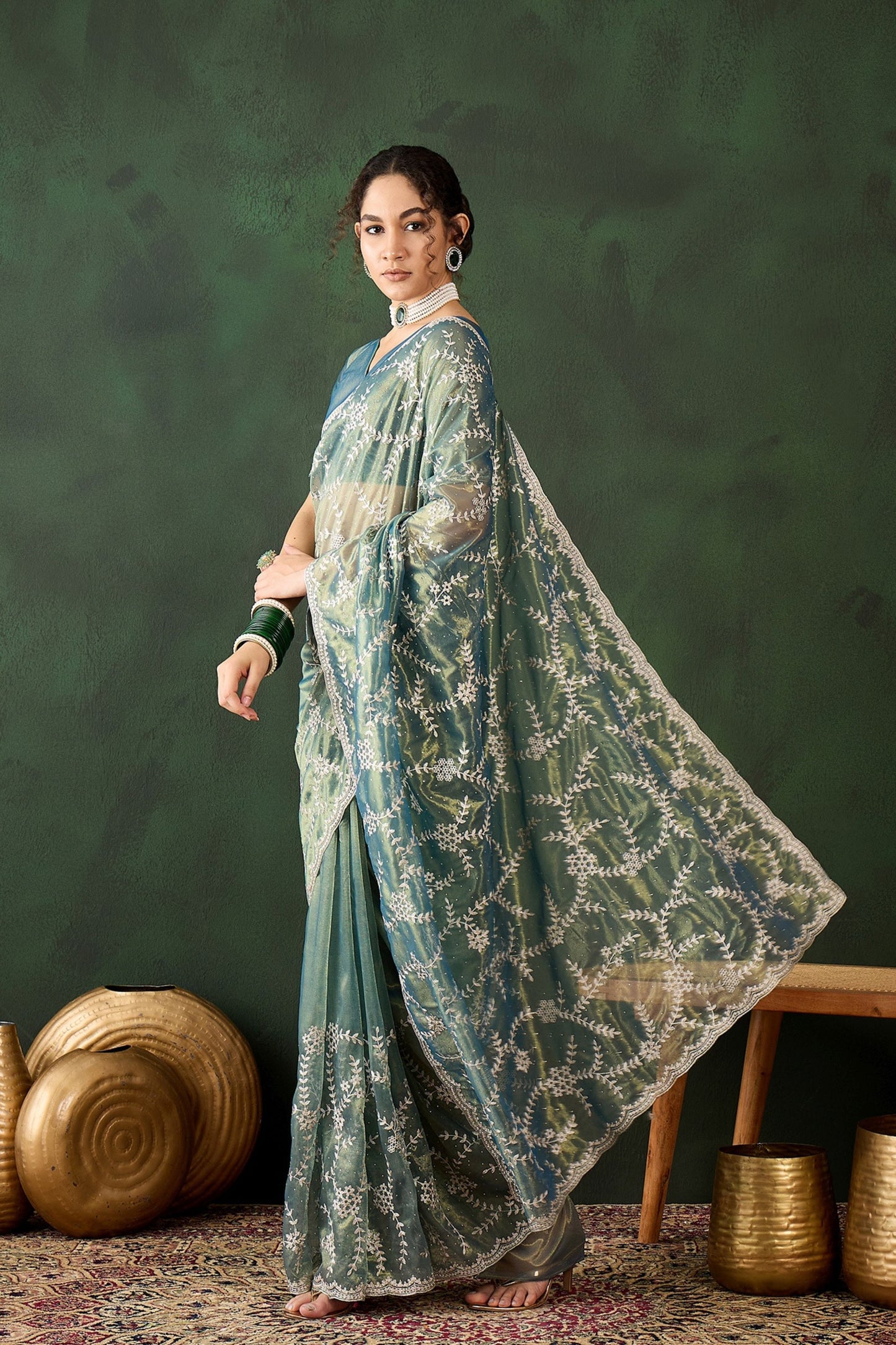 Sea Green Embroidered Net Saree with Designer Border Party Wear Saree