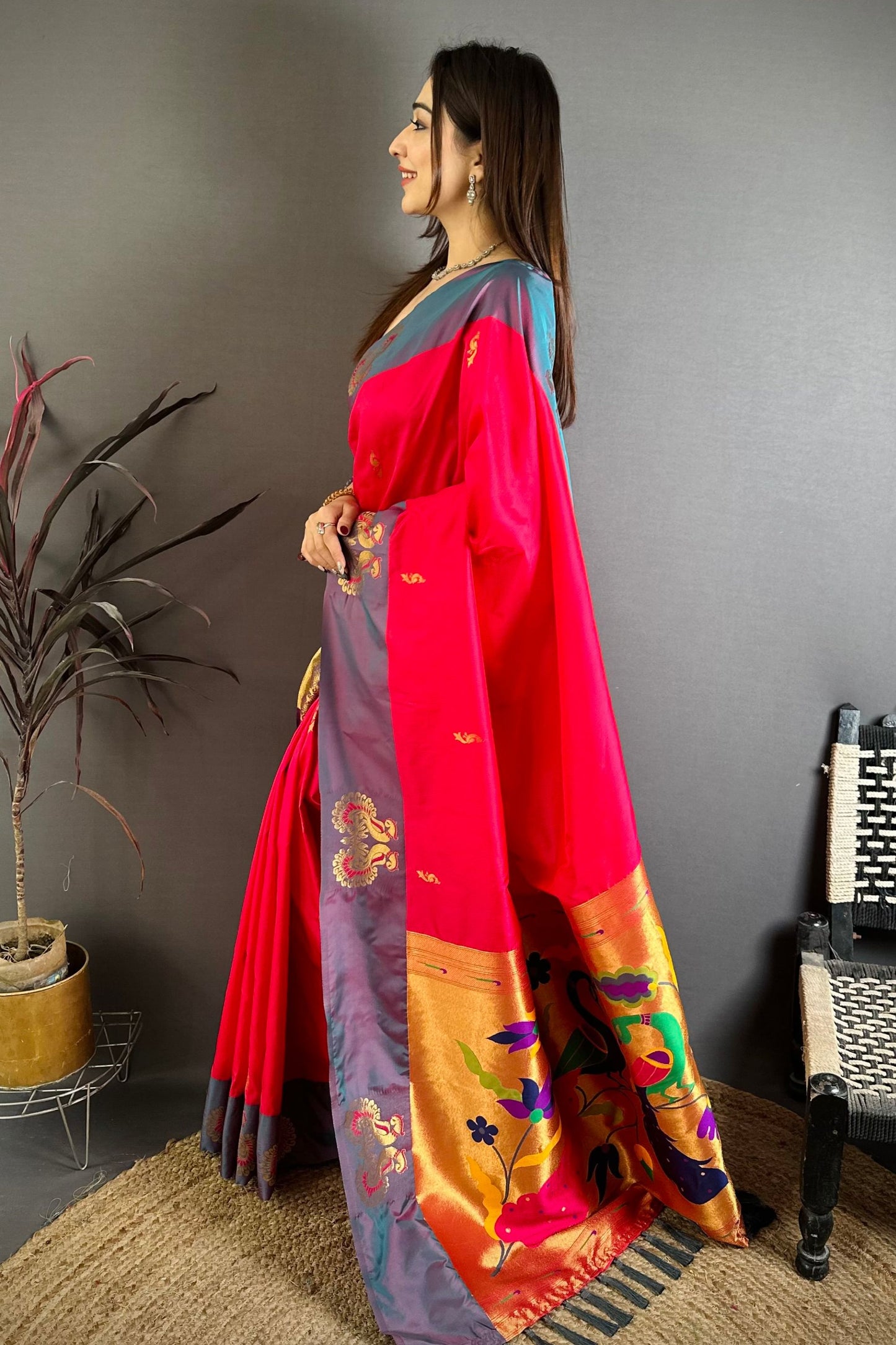 Hot Pink Soft Silk Saree with Grey Border and Designer Pallu