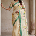 Cream Printed Linen Silk Saree Floral Design and Green Border