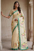 Cream Printed Linen Silk Saree Floral Design and Green Border