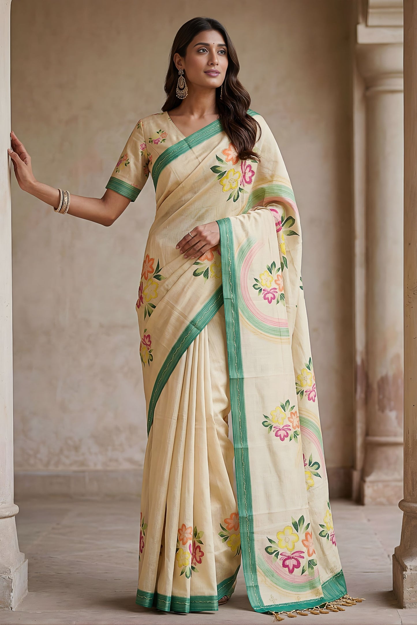 Cream Printed Linen Silk Saree Floral Design and Green Border