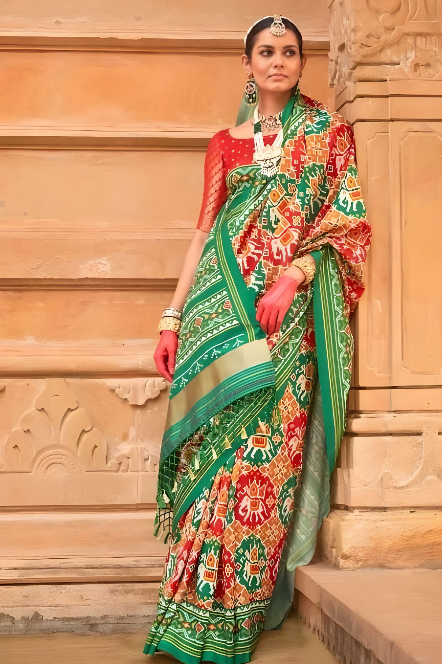 Green and Multicolor Patola Print Silk Saree Traditional Border