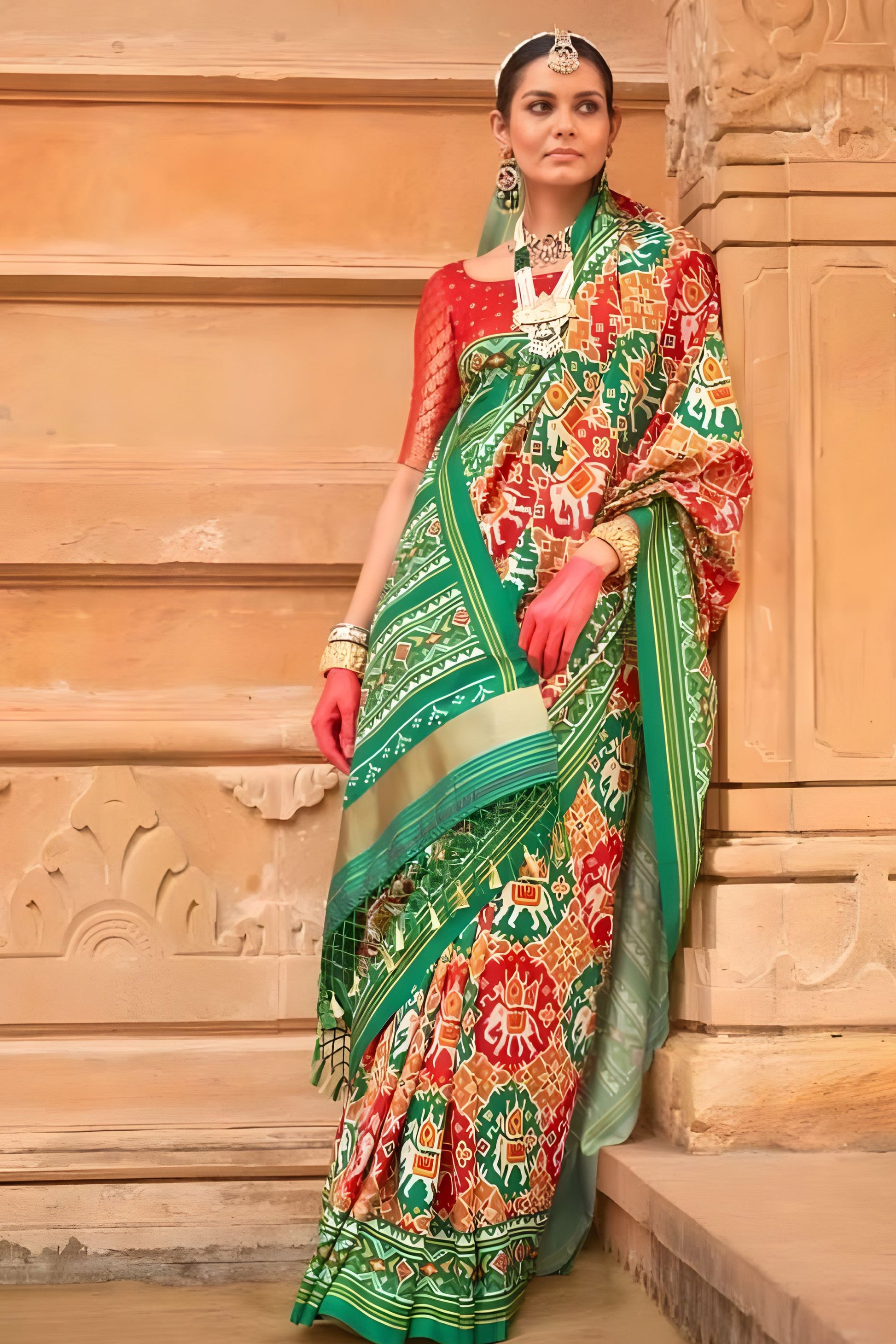 Green and Multicolor Patola Print Silk Saree Traditional Border