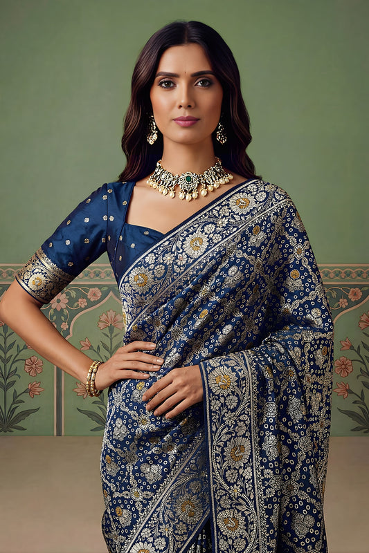 Royal Navy Blue Heavy Embroidered Banarasi Silk Saree