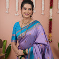 Lavender Silk Saree with Sky Blue Woven Border Traditional Design