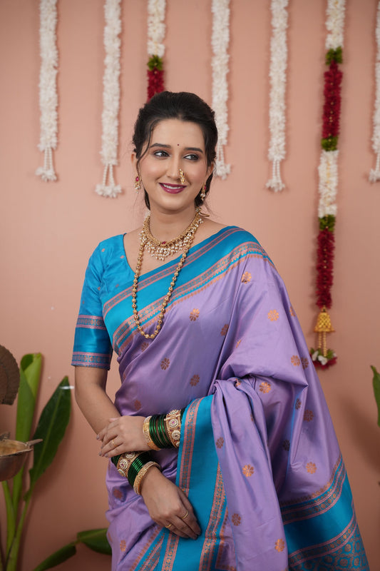 Lavender Silk Saree with Sky Blue Woven Border Traditional Design