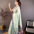 Sage Green Linen Cotton Saree Elephant Print Pallu
