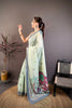 Sage Green Linen Cotton Saree Elephant Print Pallu