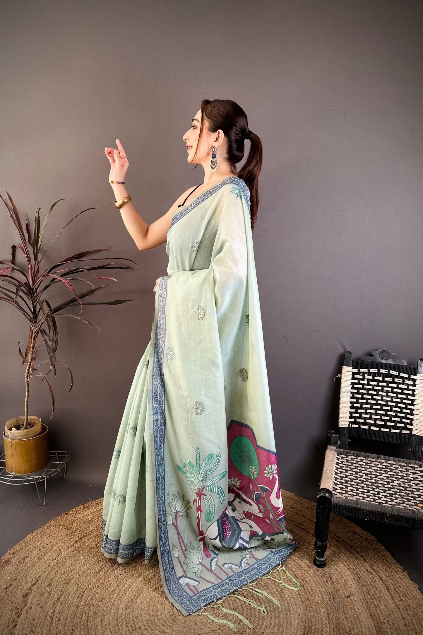 Sage Green Linen Cotton Saree Elephant Print Pallu
