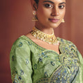Premium Pista Green Silk Saree Heavy Embroidered Border Designer Blouse