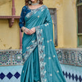 Teal Blue Silk Saree with Floral Embroidery Designer Blouse