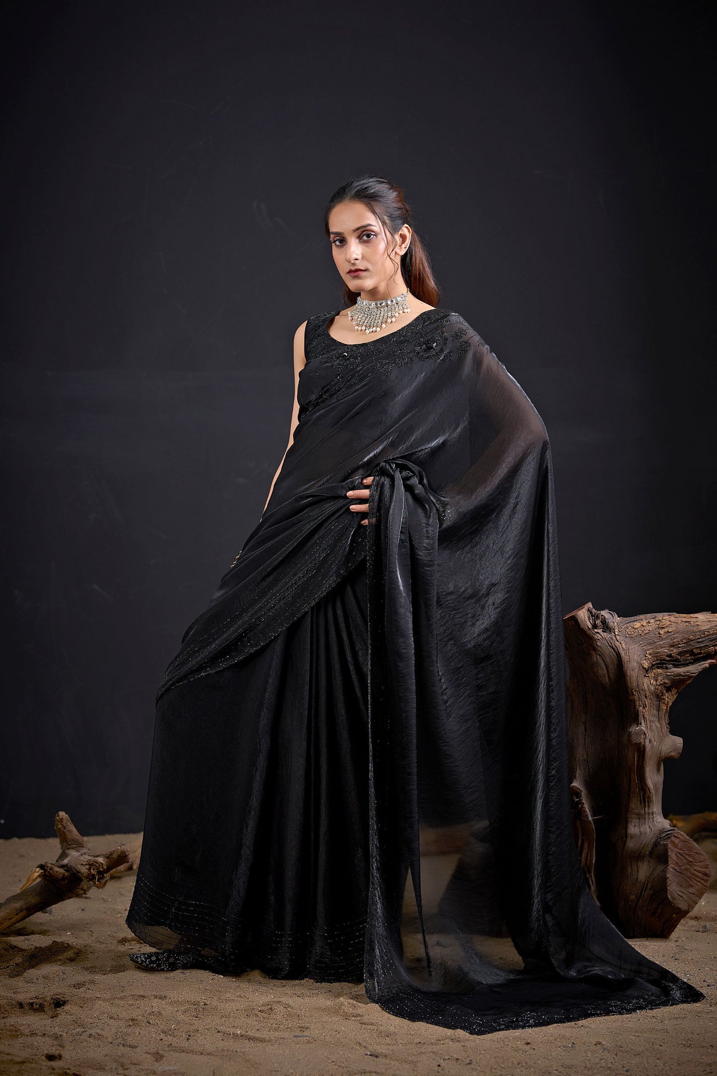 Black Embroidered Silk Saree with Designer Blouse