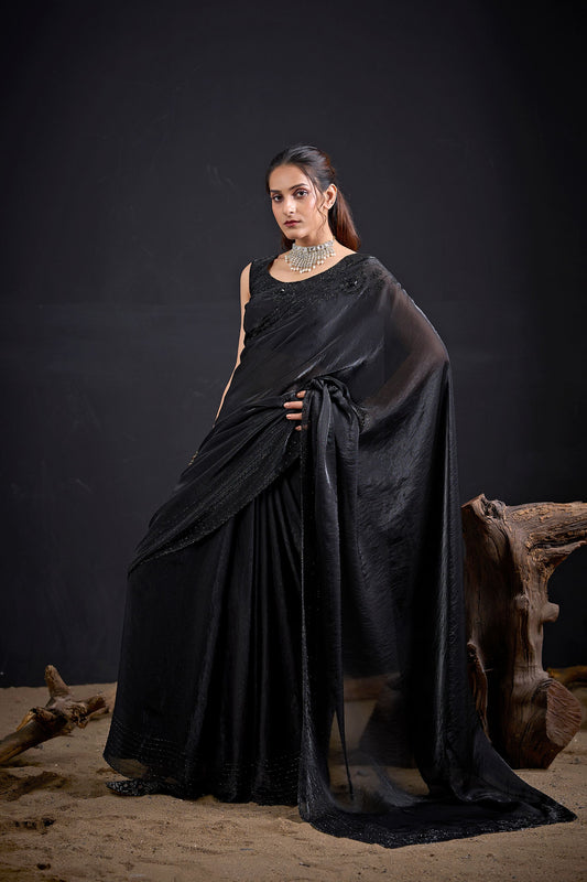 Black Embroidered Silk Saree with Designer Blouse
