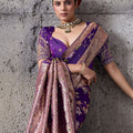 Royal Purple Banarasi Silk Saree Gold Zari Border Floral Weaving Saree