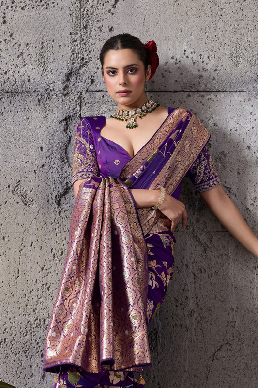 Royal Purple Banarasi Silk Saree Gold Zari Border Floral Weaving Saree