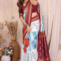 White and Sky Blue Ikat Silk Saree with Rich Red Contrast Border Traditional Saree