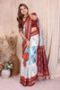 White and Sky Blue Ikat Silk Saree with Rich Red Contrast Border Traditional Saree