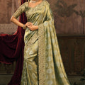 Olive Green Designer Embroidered Silk Saree with Heavy Border