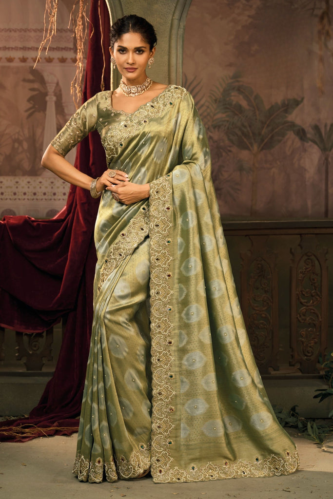 Olive Green Designer Embroidered Silk Saree with Heavy Border