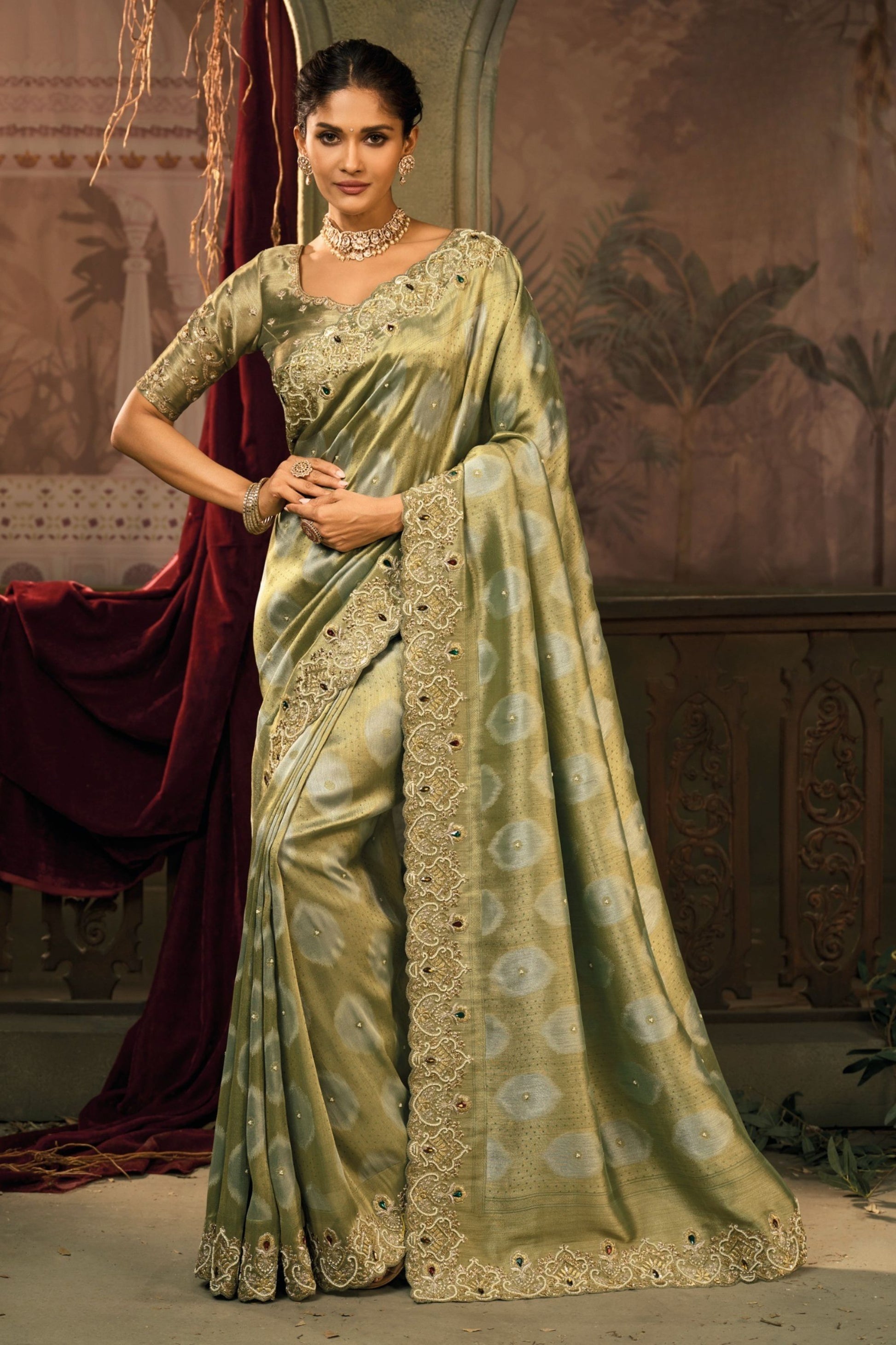 Olive Green Designer Embroidered Silk Saree with Heavy Border