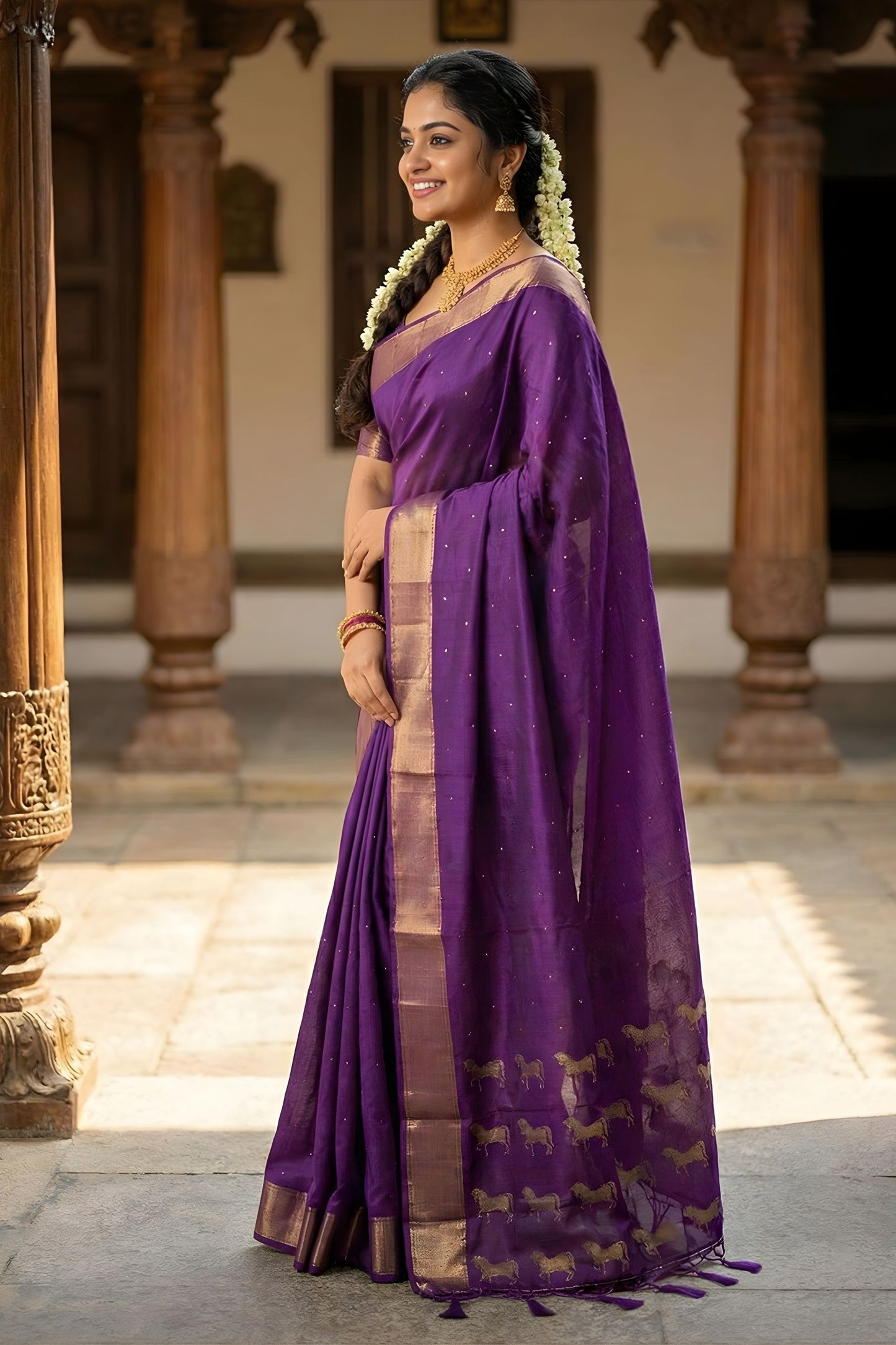 Royal Purple Kanjivaram Silk Saree Gold Zari Border Traditional Motif Pallu