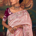 Pink Silk Saree with Heavy Border and Wine Velvet Blouse