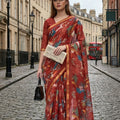 Rust Red Floral Printed Linen Cotton Saree Golden Border  Designer Blouse