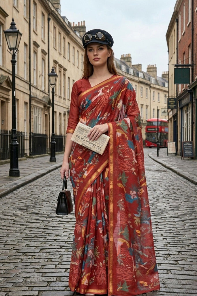 Rust Red Floral Printed Linen Cotton Saree Golden Border  Designer Blouse