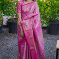 Luxury Rani Pink Banarasi Silk Saree with All-Over Floral Zari Weaving