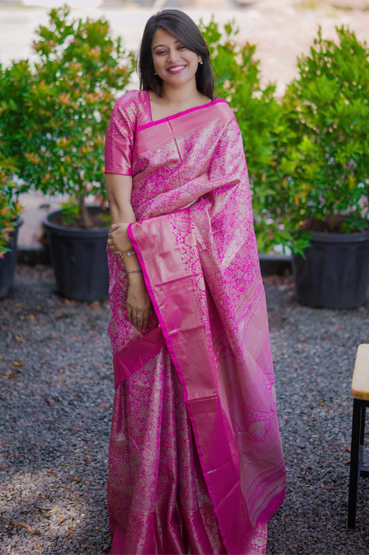Luxury Rani Pink Banarasi Silk Saree with All-Over Floral Zari Weaving
