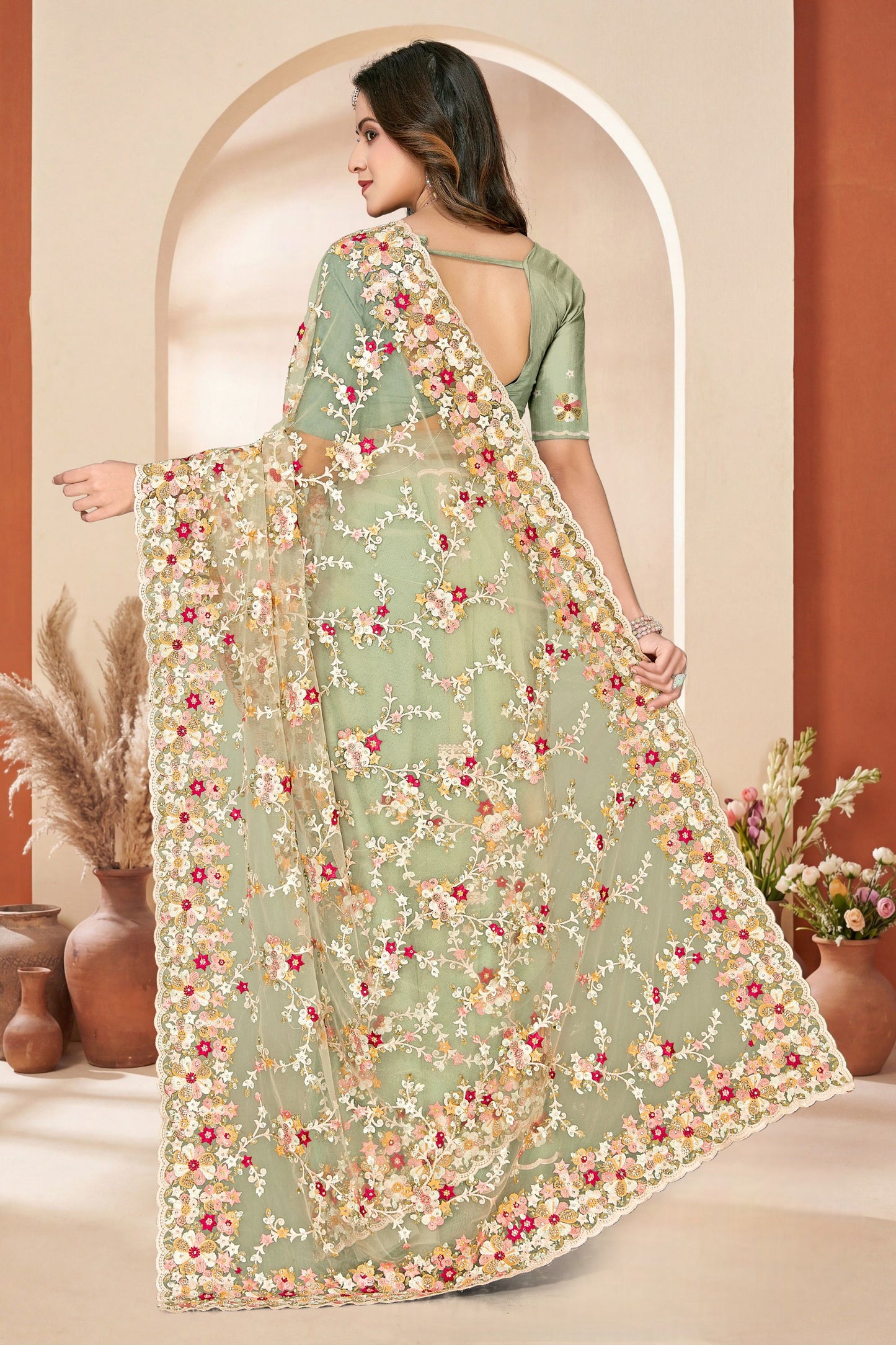 Designer Sage Green Net Floral Embroidered Saree Heavy Border Blouse