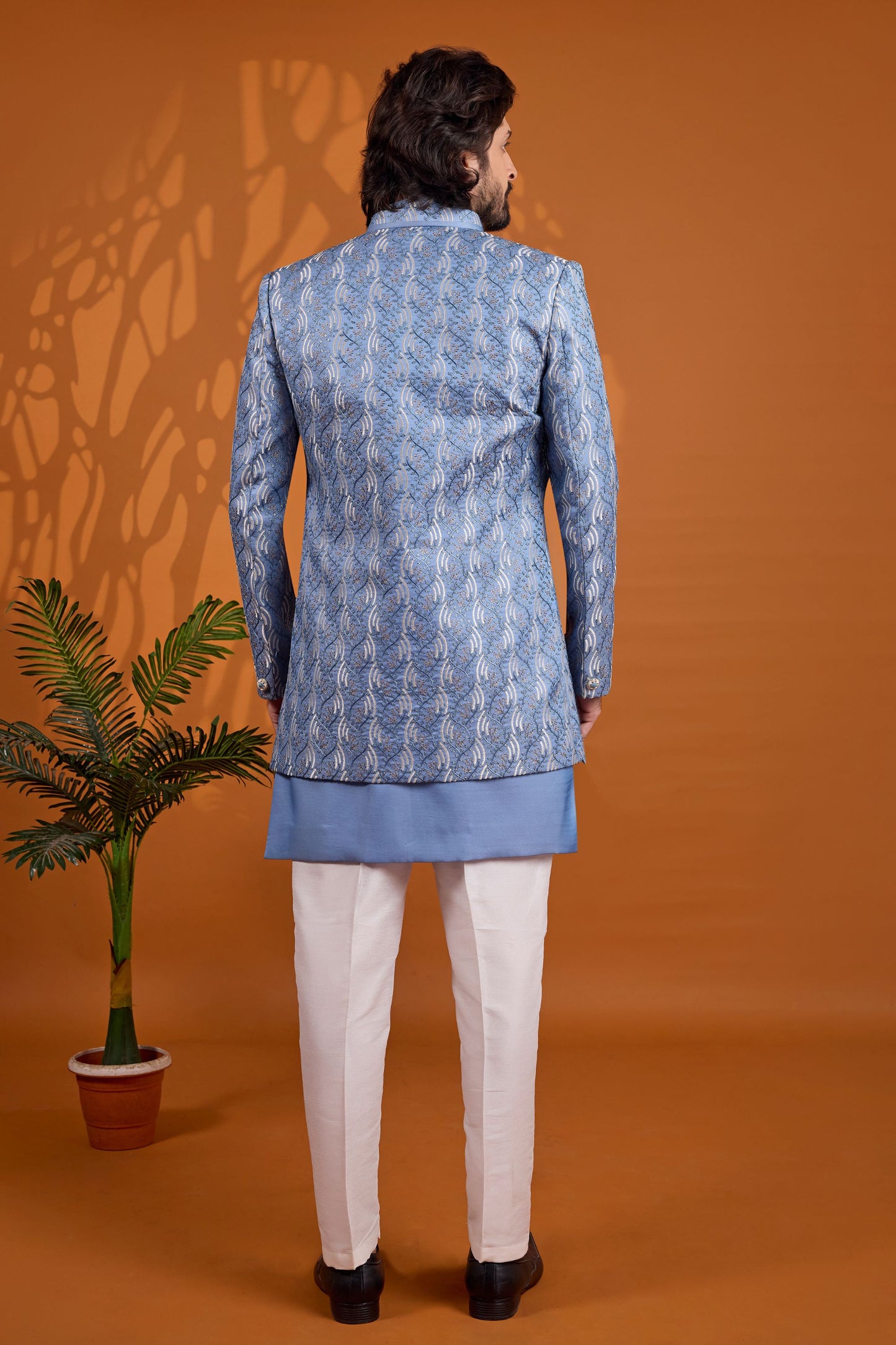 Luxury Sky Blue Indo Western Sherwani for Men With Designer Jacquard Jacket