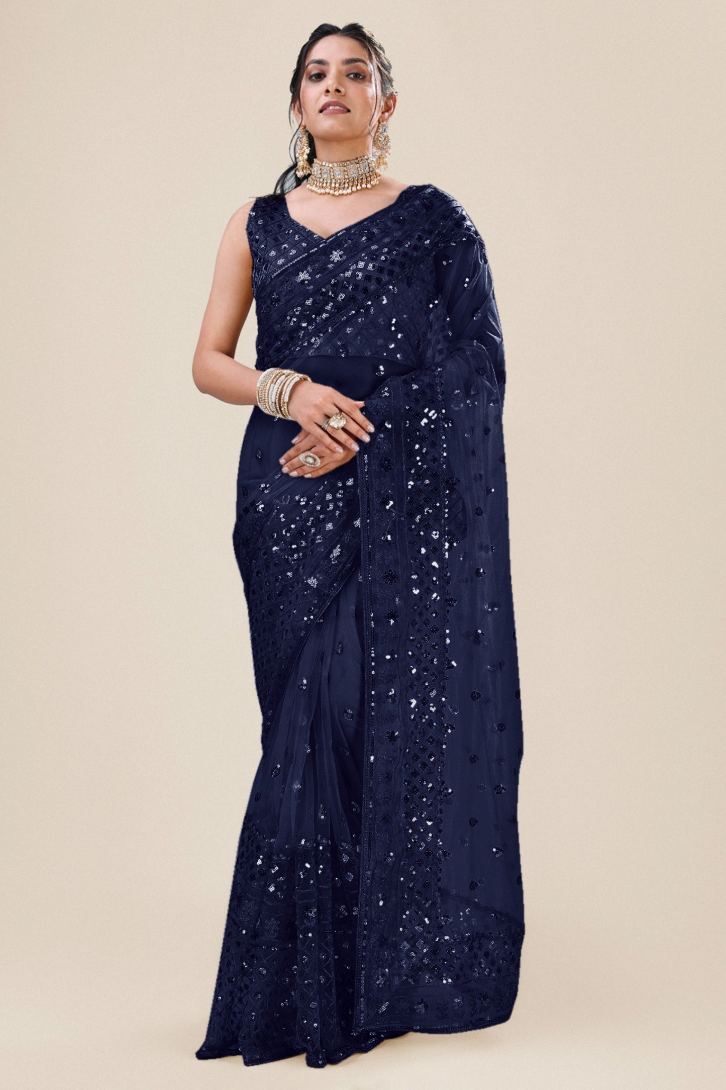 Navy Blue Net Saree with Heavy Sequins Embroidery Designer Blouse